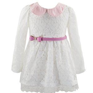White Openwork Lace Little Girl Dress with a Bowknot Belt 2pcs